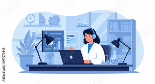 Woman Wearing Headphones Working on Laptop.