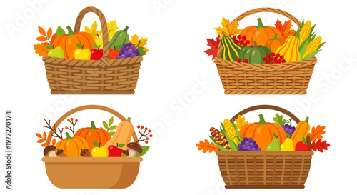 Four woven baskets overflowing with autumn harvest fruits and vegetables