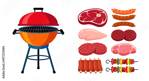 Barbecue grill with various cuts of meat and grilling skewers