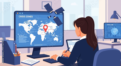 Woman Working on Computer with World Map.