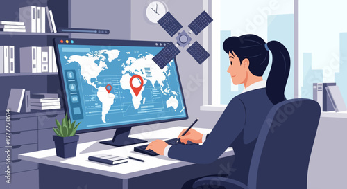 Woman Working on Computer with World Map.