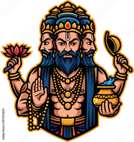 Lord Brahma Hindu god mascot illustration, four headed creator deity vector in modern graphic style