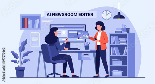 AI Newsroom Editor Workspace with People.