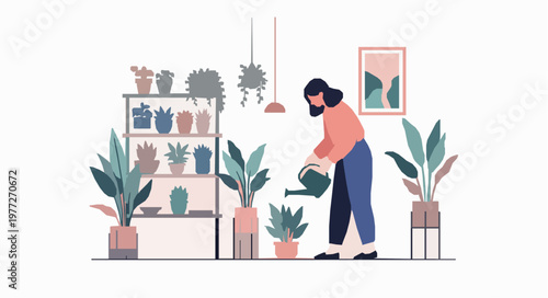 Cozy home plant care vector illustration with woman watering indoor plants and decorative shelves isolated on white