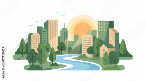 Eco Friendly City Morning Flat Vector Urban Nature Landscape Illustration