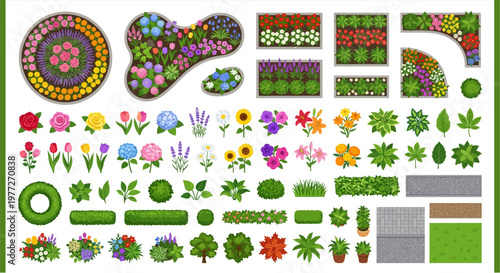 Assorted top down views of flowers plants and garden landscaping elements