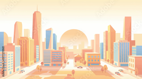 Morning Cityscape Sunrise Flat Vector Modern Urban Skyline Illustration