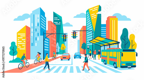 City Commute Morning People Traffic Urban Scene Background