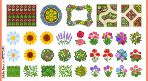 Collection of colorful flower arrangements and garden elements in a top down view