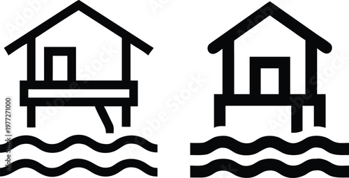 Water bungalows icon set representing overwater villas for tropical travel and beach resort concept.