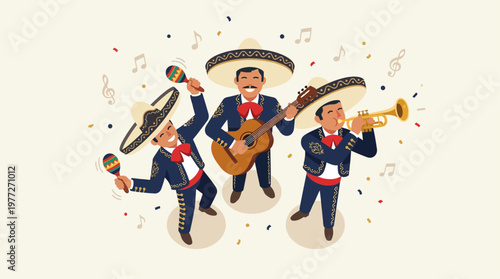 A festive flat design illustration of a mariachi band playing instruments, capturing the joy and spirit of Cinco de Mayo. This 2D vector graphic uses a limited color palette for a clean, modern look.