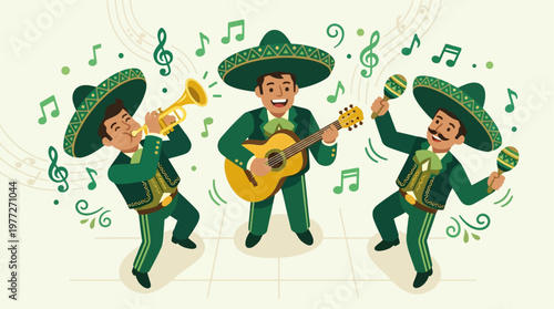 A festive flat design illustration of a mariachi band playing instruments, capturing the joy and spirit of Cinco de Mayo. This 2D vector graphic uses a limited color palette for a clean, modern look.