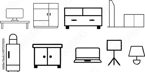 Outline icons set of furniture and home appliances isolated on checkered background vector.