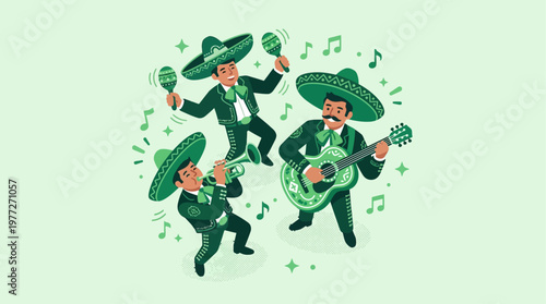 A festive flat design illustration of a mariachi band playing instruments, capturing the joy and spirit of Cinco de Mayo. This 2D vector graphic uses a limited color palette for a clean, modern look.