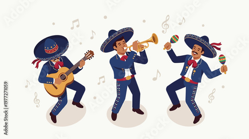A festive flat design illustration of a mariachi band playing instruments, capturing the joy and spirit of Cinco de Mayo. This 2D vector graphic uses a limited color palette for a clean, modern look.