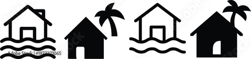 Black icons set showing houses in water and palm trees vector.