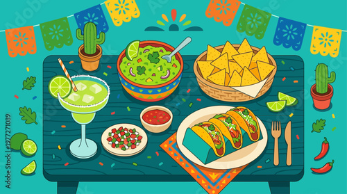 An inviting flat design illustration showcasing a delicious Cinco de Mayo feast, complete with tacos, guacamole, chips, and a refreshing margarita. 