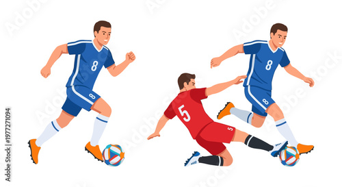 Soccer players in action one falling during a game with a ball