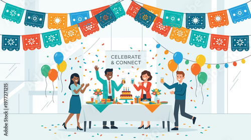 A vibrant flat design illustration featuring traditional papel picado banners adorning a festive Cinco de Mayo celebration scene. 