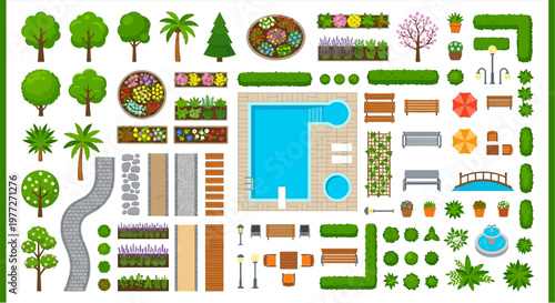 Overhead view of a colorful garden and landscape design elements