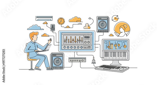 Man working on sound mixing board.