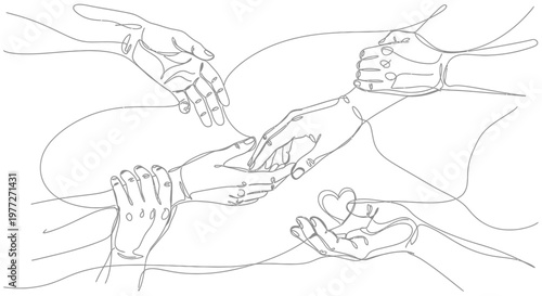 Many hands holding each other together.