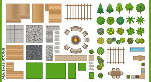 Top down view of various outdoor elements for landscaping and design