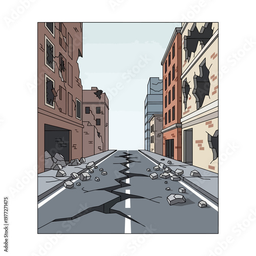 Damaged City Street After Disaster, Cracked Road and Ruined Buildings, Urban Destruction