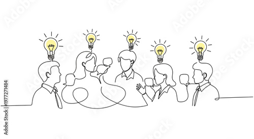 Group of people with lightbulbs thinking.