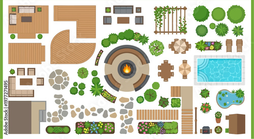 An aerial view showcasing various outdoor furniture and garden elements