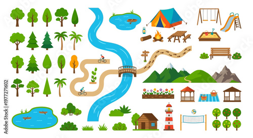 Colorful illustration of a park with river trees and recreational elements