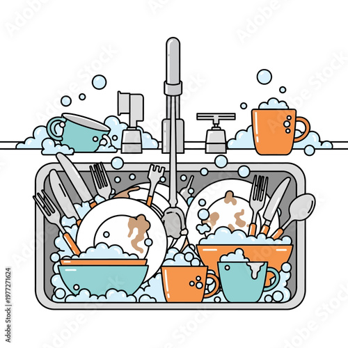 Dirty Dishes Overflowing in Kitchen Sink with Soap Suds and Bubbles