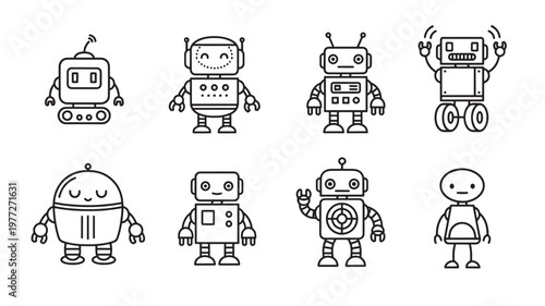 Robots icon set with various styles, simple line art and cartoonish characters representing future technology and artificial intelligence.