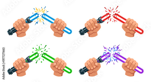 Four illustrations depicting lightsaber clashes in vibrant cartoon style