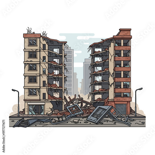 Destroyed Apartment Buildings After Disaster, War, Earthquake, or Explosion