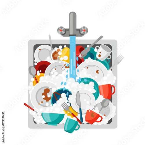 Dirty dishes piled high in a sink under running water, covered in soap suds.