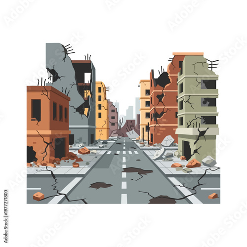 Destroyed City Street Landscape with Ruined Buildings and Rubble