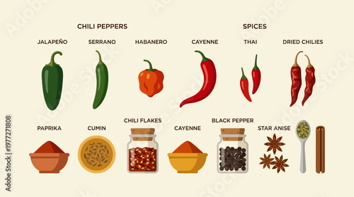 A vibrant flat design illustration showcasing an assortment of chili peppers and traditional spices, evoking the rich flavors of Cinco de Mayo cuisine. 
