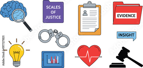 Justice and Legal Icon Set for Evidence, Investigation, Insight, and Legal Tools