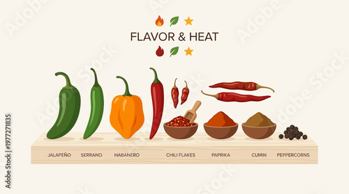 A vibrant flat design illustration showcasing an assortment of chili peppers and traditional spices, evoking the rich flavors of Cinco de Mayo cuisine. 