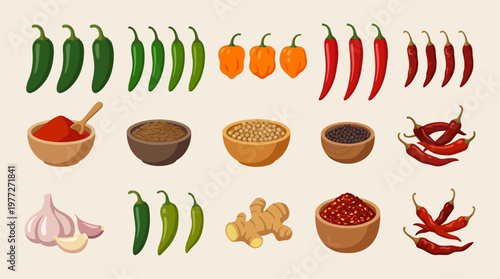 A vibrant flat design illustration showcasing an assortment of chili peppers and traditional spices, evoking the rich flavors of Cinco de Mayo cuisine. 