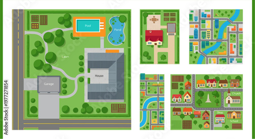 Aerial view of diverse neighborhood layouts and architectural designs
