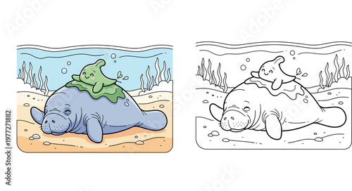 Cute cartoon manatee sleeping on the ocean floor with a little green friend on its back