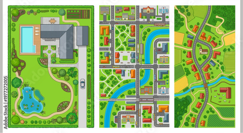 Aerial view maps display residential areas roads and landscape features