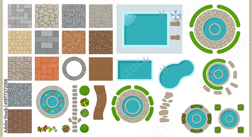 Aerial view of various outdoor elements pools patios and landscaping