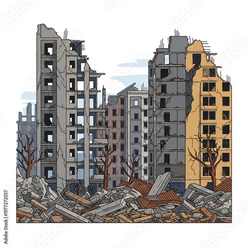 Destroyed Cityscape: Ruined Buildings and Debris Pile