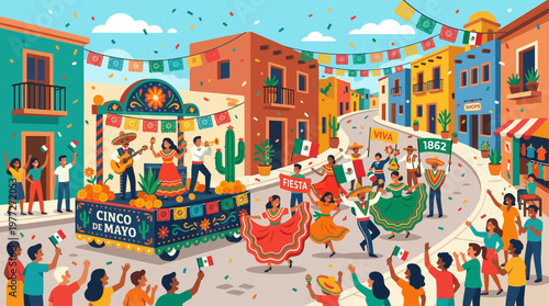 A dynamic flat design illustration capturing the excitement of a Cinco de Mayo street parade, complete with festive participants and colorful decorations. 