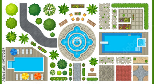 Aerial view of a landscaped garden with a fountain and swimming pool