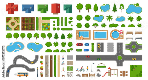 Colorful top down view of various city and nature elements arranged neatly