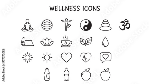 Wellness icons featuring yoga, meditation, and healthy living elements in a clean, modern line art style.
